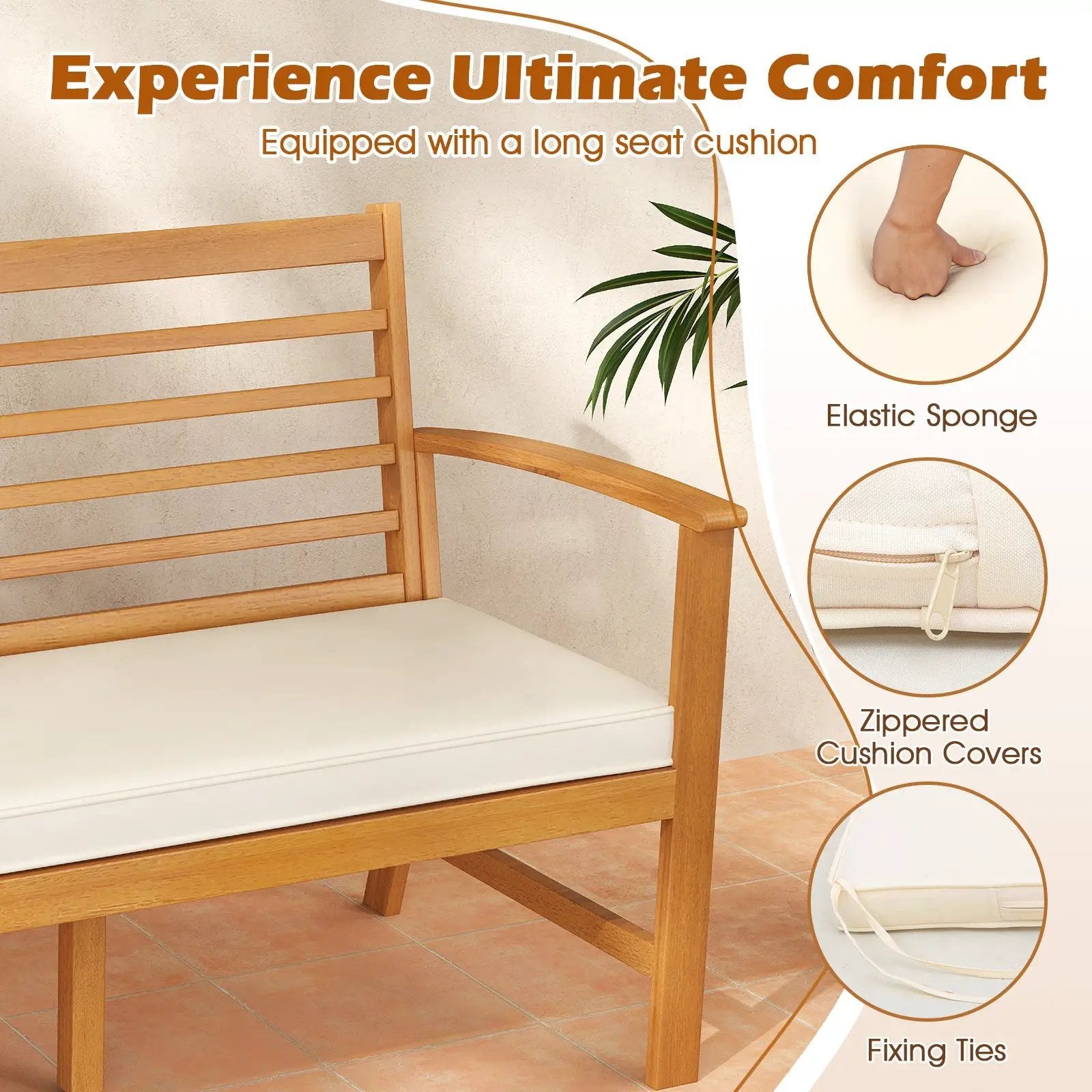 Patio 64 Inch Wood Bench with Seat Cushion and Slatted Seat for Backyard-Off White by DirectDeals