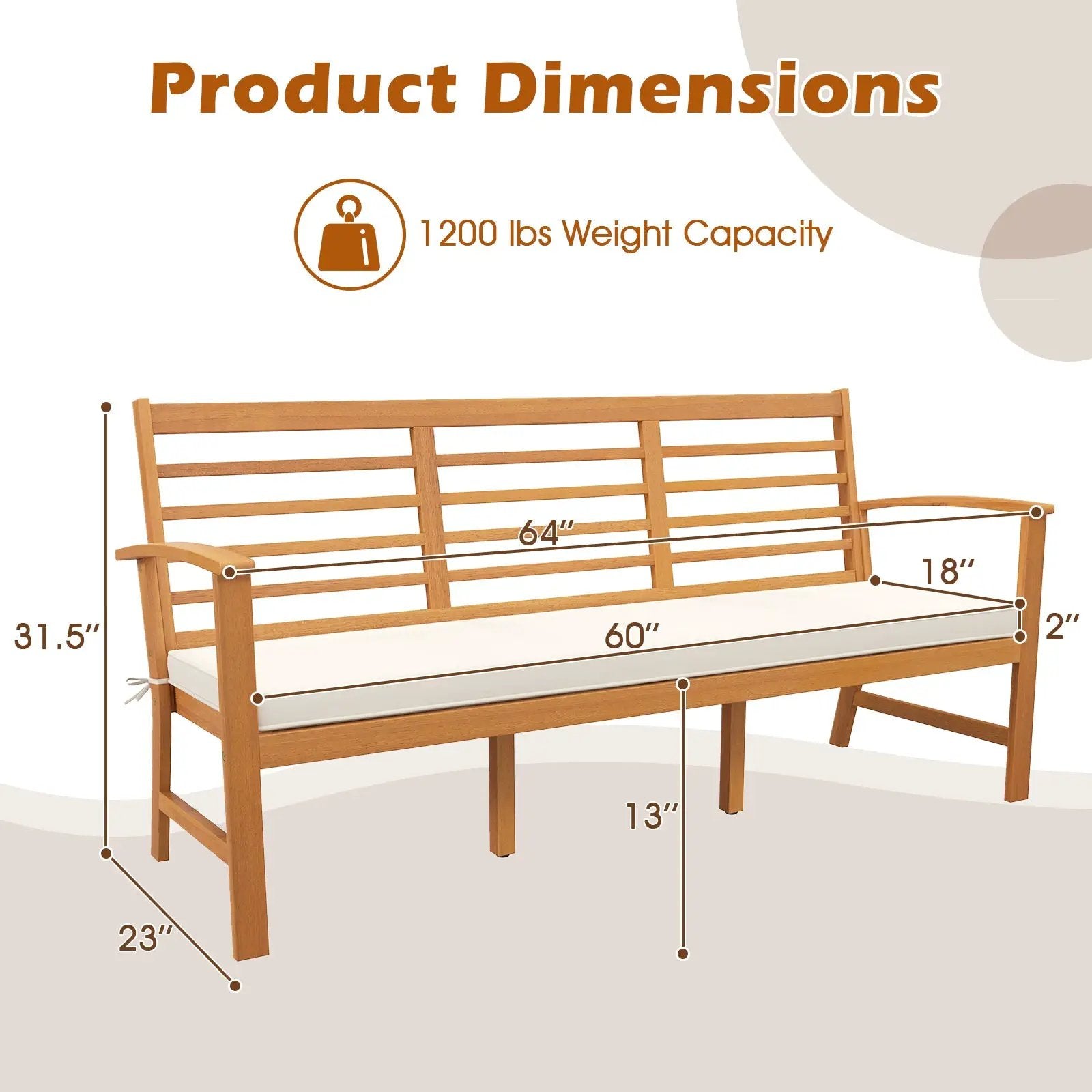Patio 64 Inch Wood Bench with Seat Cushion and Slatted Seat for Backyard-Off White by DirectDeals