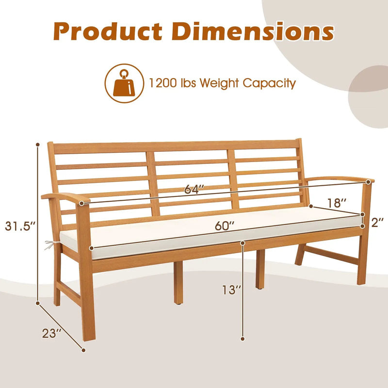 Patio 64 Inch Wood Bench with Seat Cushion and Slatted Seat for Backyard-Off White by DirectDeals