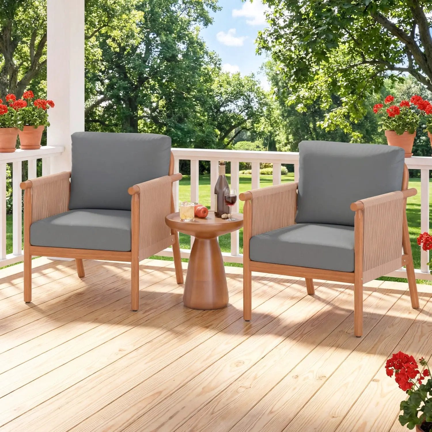 Patio Acacia Wood Chair Set of 2 with Woven Rope Armrests and Seat Back Cushions for Backyard by DirectDeals