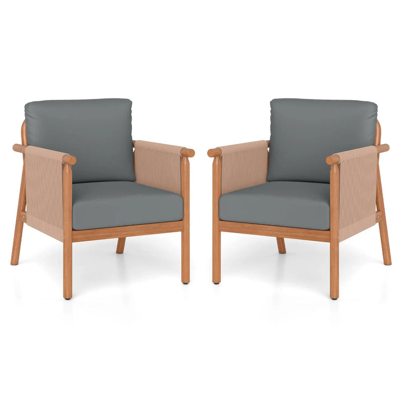 Patio Acacia Wood Chair Set of 2 with Woven Rope Armrests and Seat Back Cushions for Backyard by DirectDeals