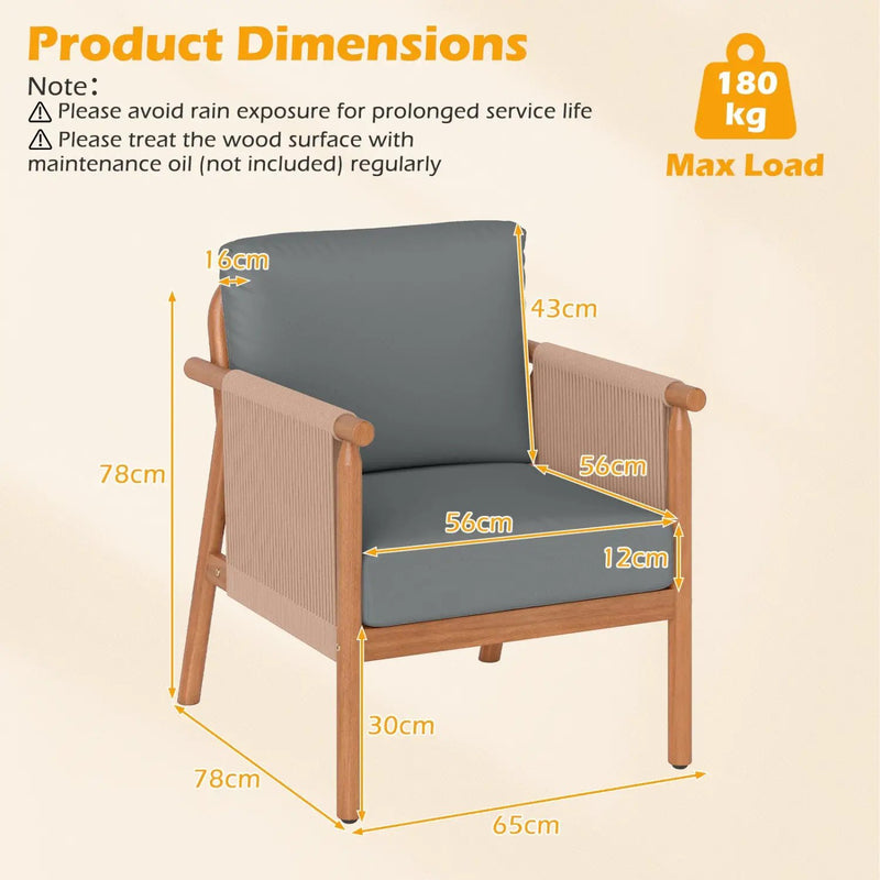 Patio Acacia Wood Chair Set of 2 with Woven Rope Armrests and Seat Back Cushions for Backyard by DirectDeals