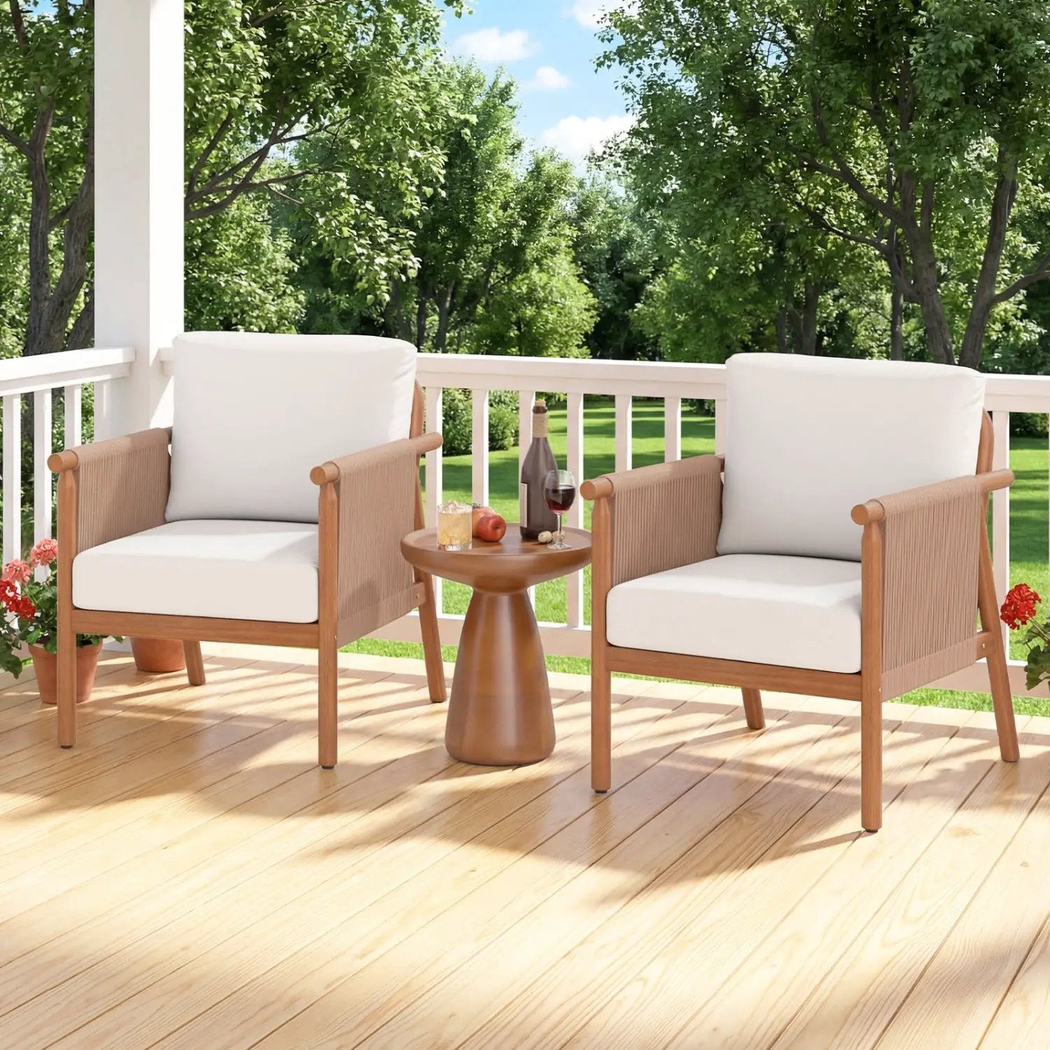 Patio Acacia Wood Chair Set of 2 with Woven Rope Armrests and Seat Back Cushions for Backyard by DirectDeals