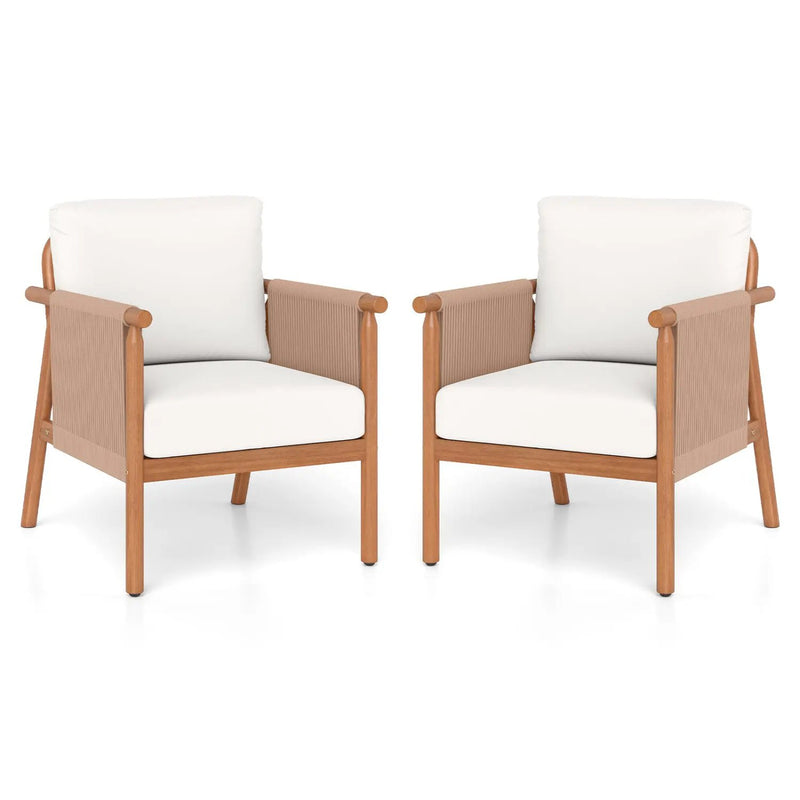 Patio Acacia Wood Chair Set of 2 with Woven Rope Armrests and Seat Back Cushions for Backyard by DirectDeals