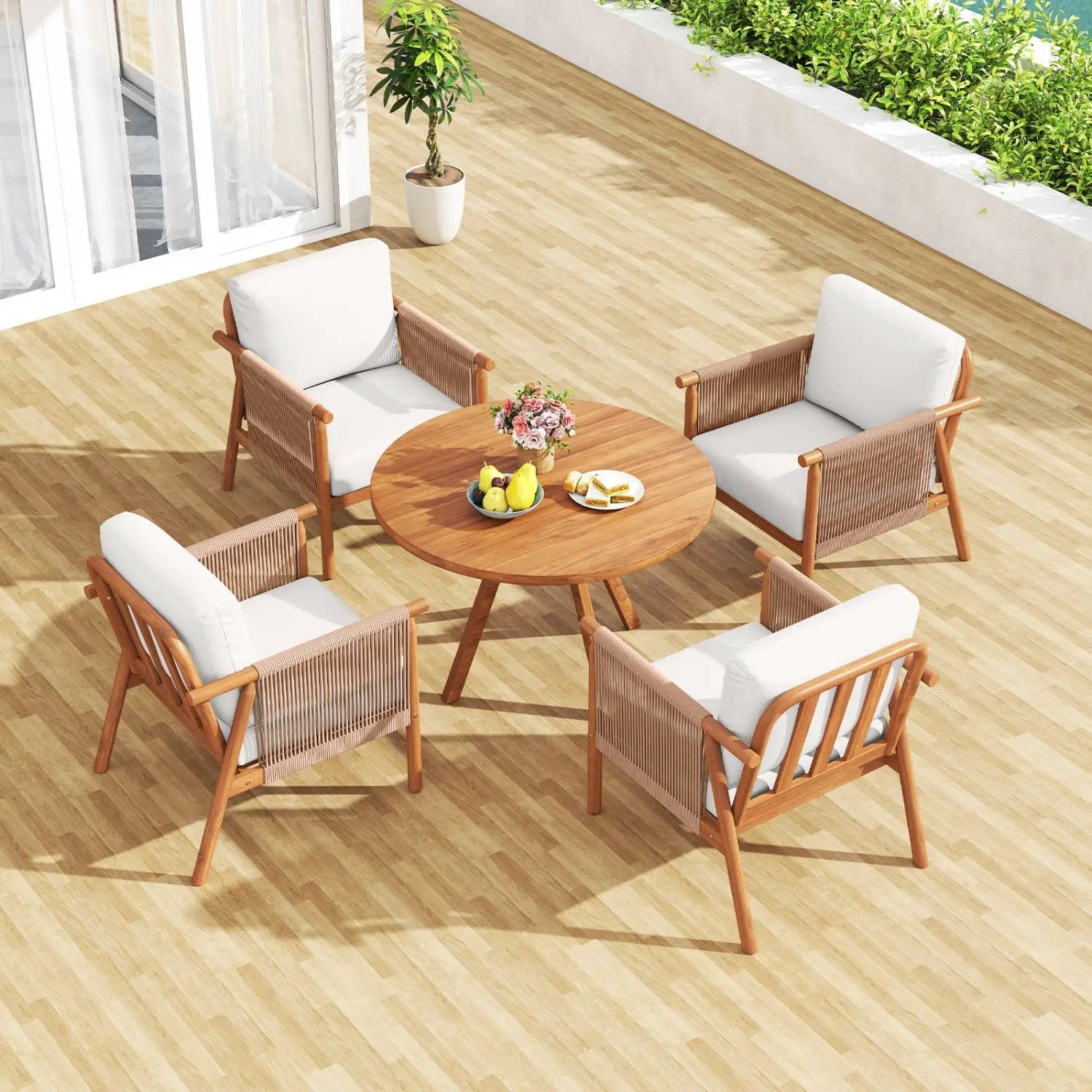 Patio Acacia Wood Chair Set of 2 with Woven Rope Armrests and Seat Back Cushions for Backyard by DirectDeals