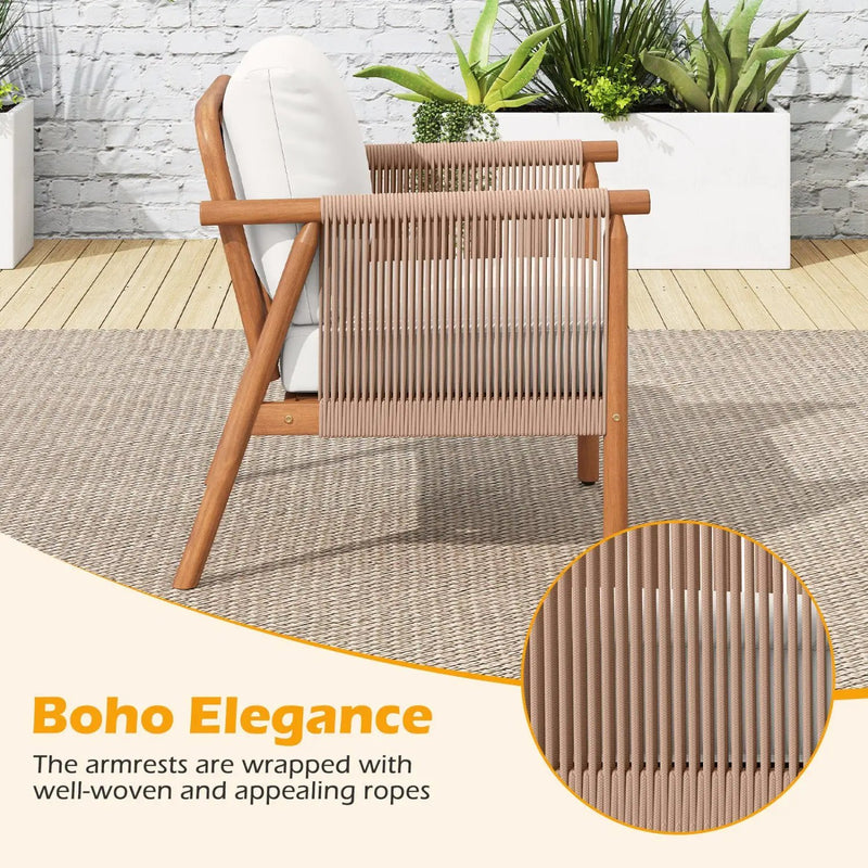 Patio Acacia Wood Chair Set of 2 with Woven Rope Armrests and Seat Back Cushions for Backyard by DirectDeals