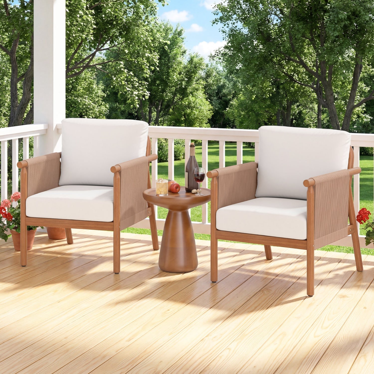 Patio Acacia Wood Chair Set of 4 with Woven Rope Armrests and Seat Back Cushions for Backyard by DirectDeals
