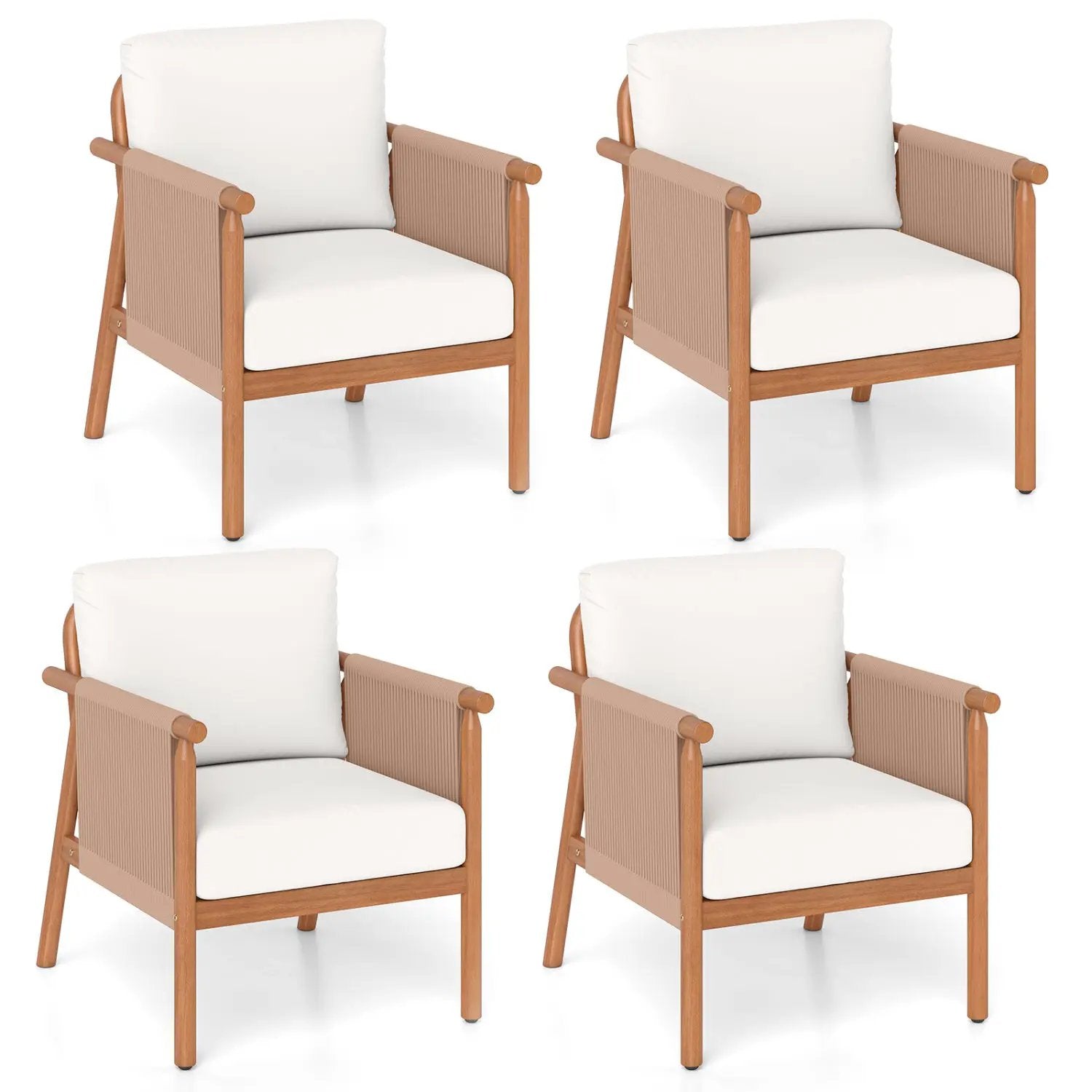 Patio Acacia Wood Chair Set of 4 with Woven Rope Armrests and Seat Back Cushions for Backyard by DirectDeals