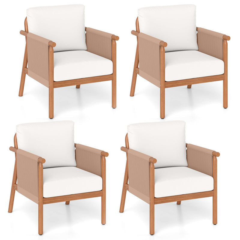 Patio Acacia Wood Chair Set of 4 with Woven Rope Armrests and Seat Back Cushions for Backyard by DirectDeals