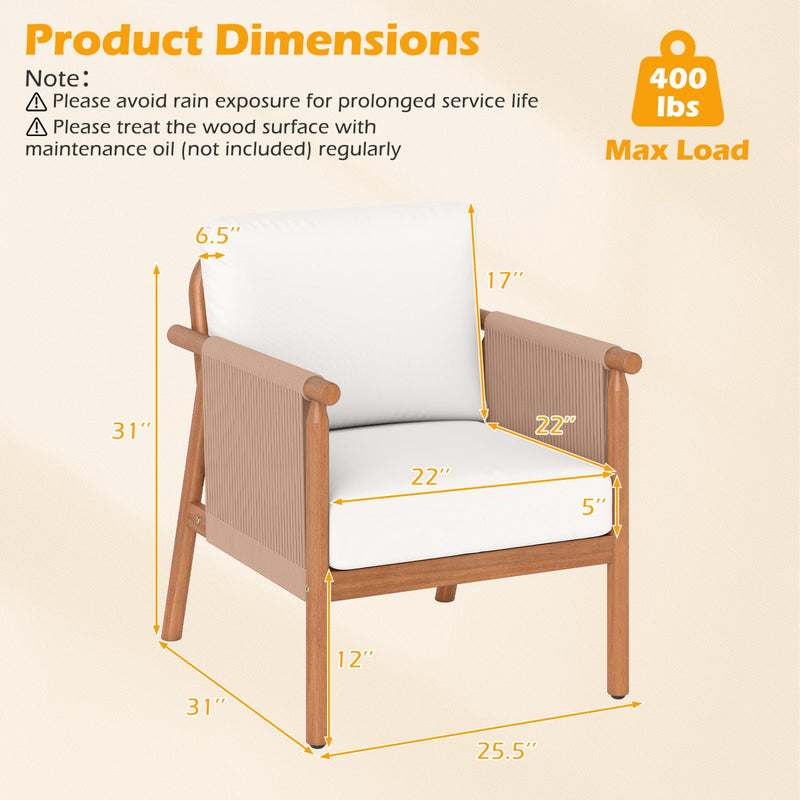 Patio Acacia Wood Chair Set of 4 with Woven Rope Armrests and Seat Back Cushions for Backyard by DirectDeals