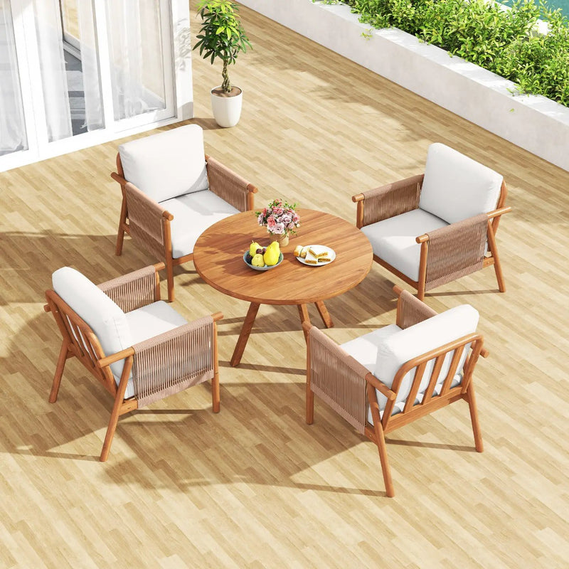 Patio Acacia Wood Chair Set of 4 with Woven Rope Armrests and Seat Back Cushions for Backyard by DirectDeals