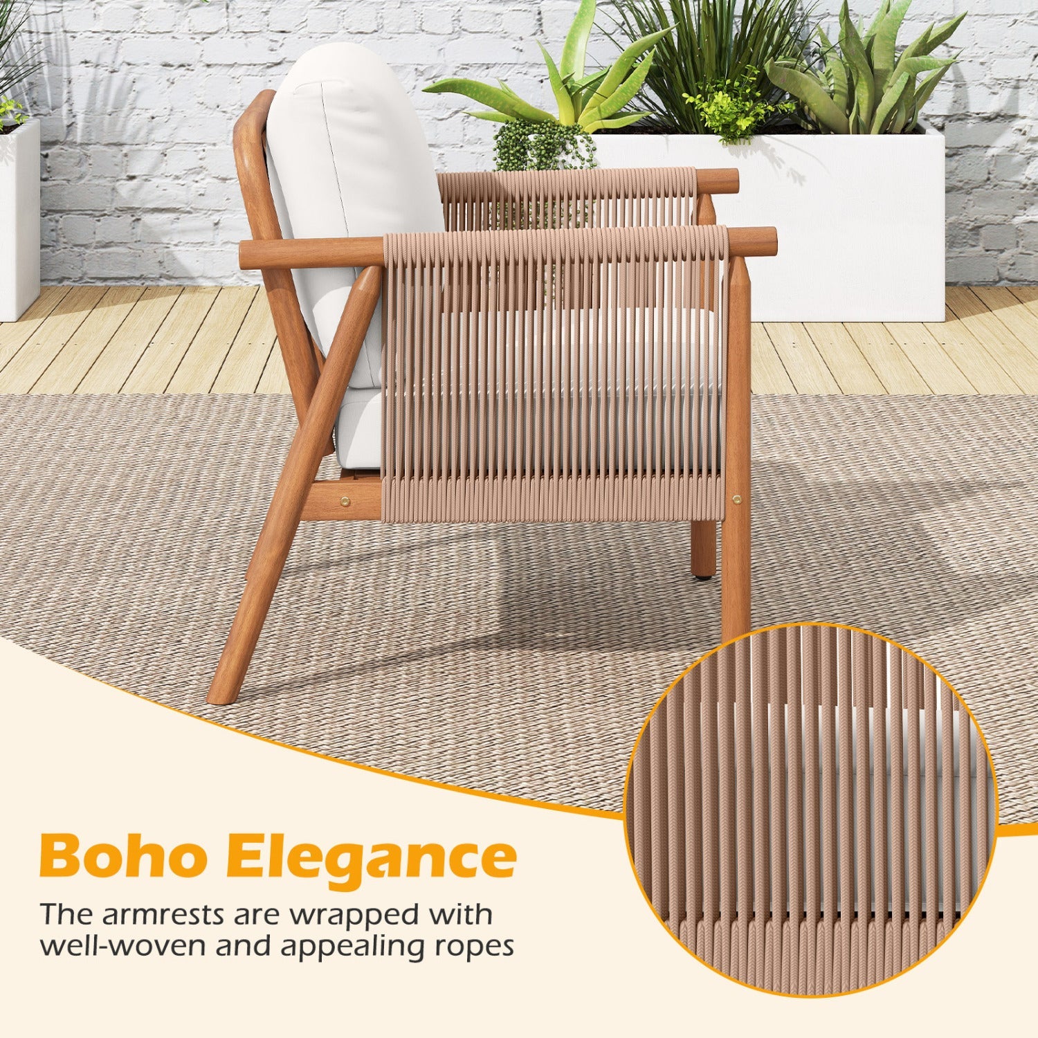 Patio Acacia Wood Chair Set of 4 with Woven Rope Armrests and Seat Back Cushions for Backyard by DirectDeals