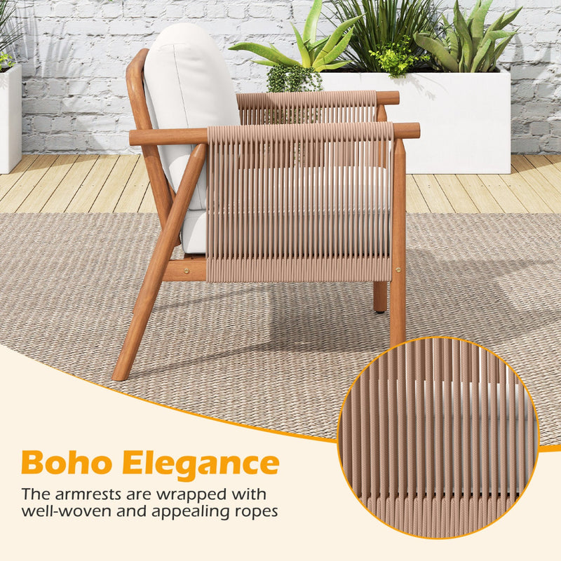 Patio Acacia Wood Chair Set of 4 with Woven Rope Armrests and Seat Back Cushions for Backyard by DirectDeals