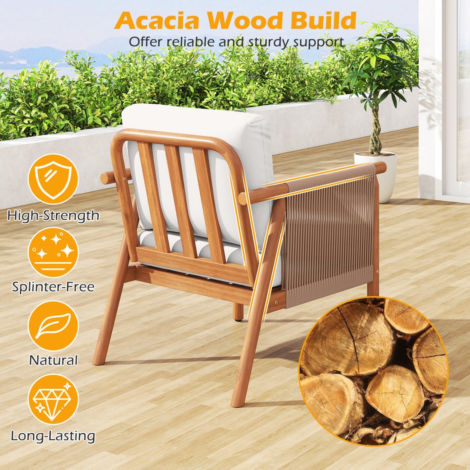 Patio Acacia Wood Chair Set of 4 with Woven Rope Armrests and Seat Back Cushions for Backyard by DirectDeals