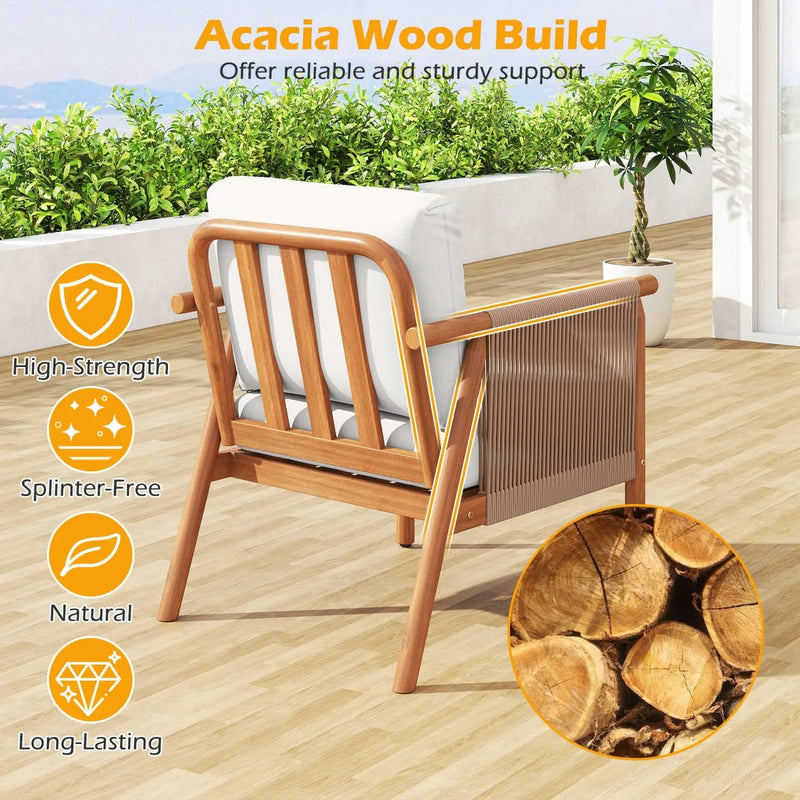 Patio Acacia Wood Chair Set of 4 with Woven Rope Armrests and Seat Back Cushions for Backyard by DirectDeals
