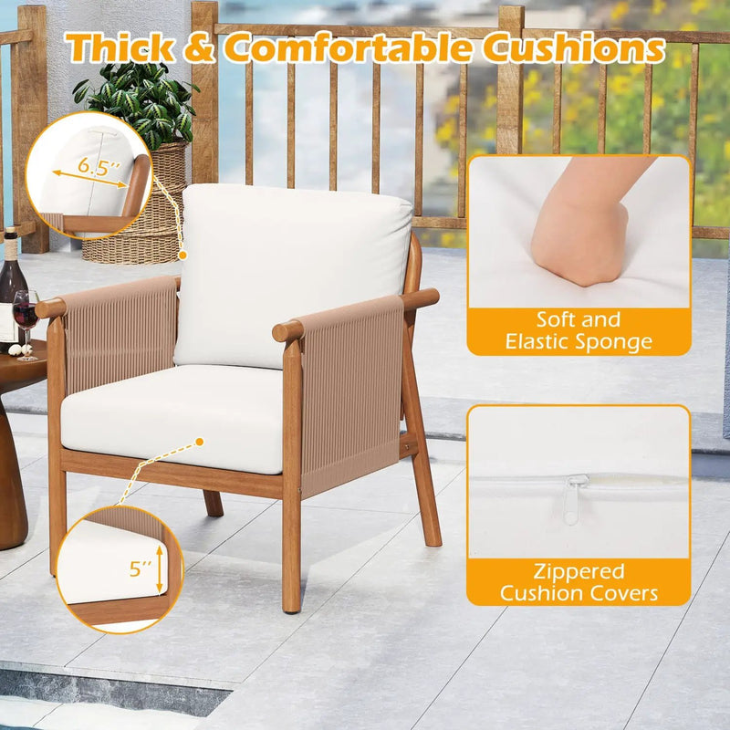 Patio Acacia Wood Chair Set of 4 with Woven Rope Armrests and Seat Back Cushions for Backyard by DirectDeals