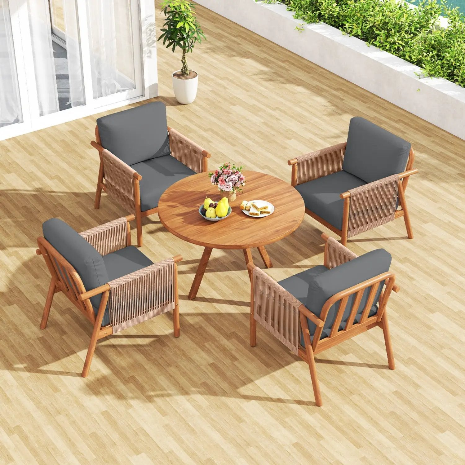 Patio Acacia Wood Chair Set of 4 with Woven Rope Armrests and Seat Back Cushions for Backyard by DirectDeals