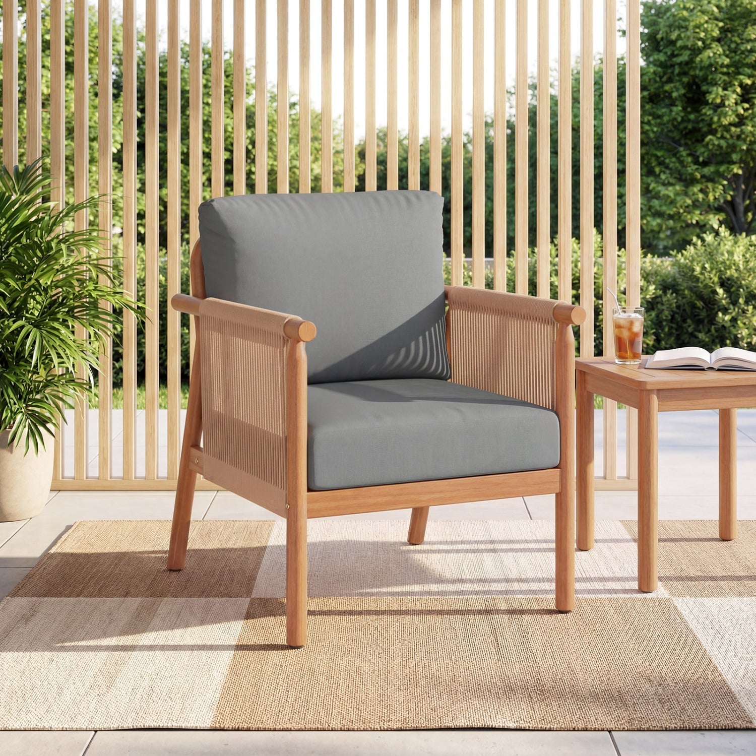 Patio Acacia Wood Chair Set of 4 with Woven Rope Armrests and Seat Back Cushions for Backyard by DirectDeals