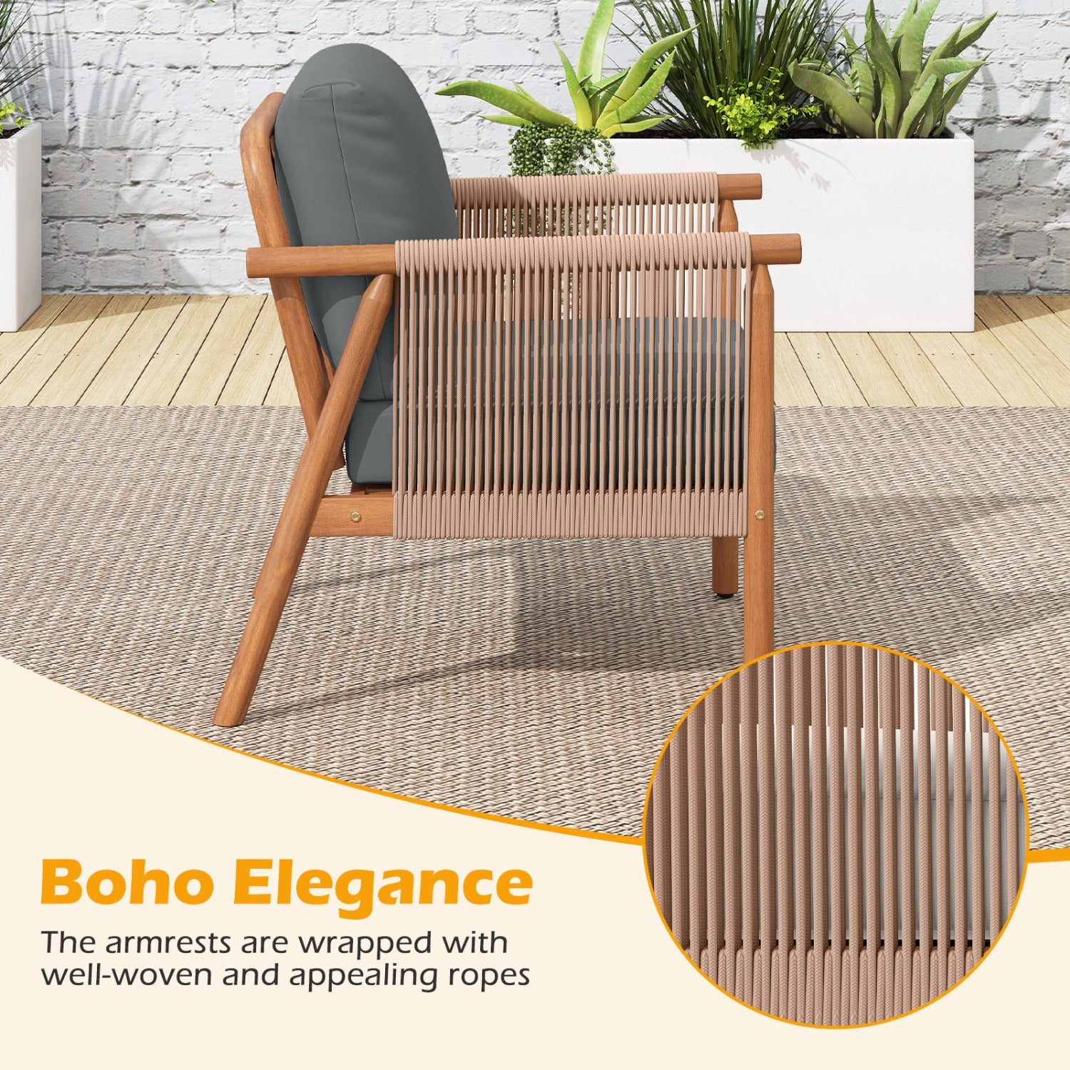 Patio Acacia Wood Chair Set of 4 with Woven Rope Armrests and Seat Back Cushions for Backyard by DirectDeals