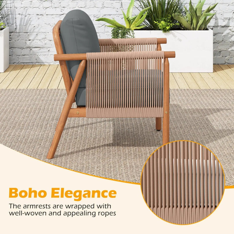 Patio Acacia Wood Chair Set of 4 with Woven Rope Armrests and Seat Back Cushions for Backyard by DirectDeals
