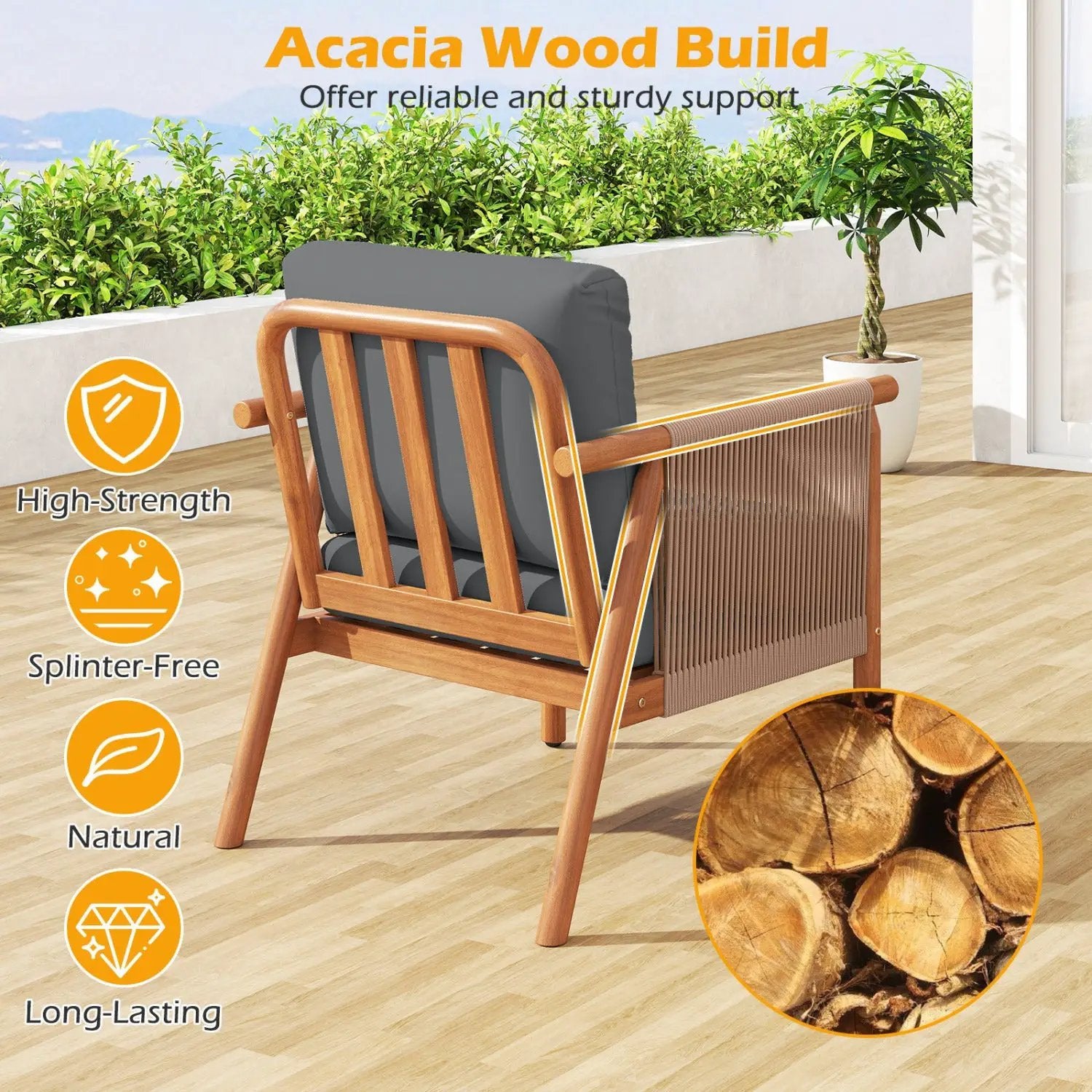Patio Acacia Wood Chair Set of 4 with Woven Rope Armrests and Seat Back Cushions for Backyard by DirectDeals