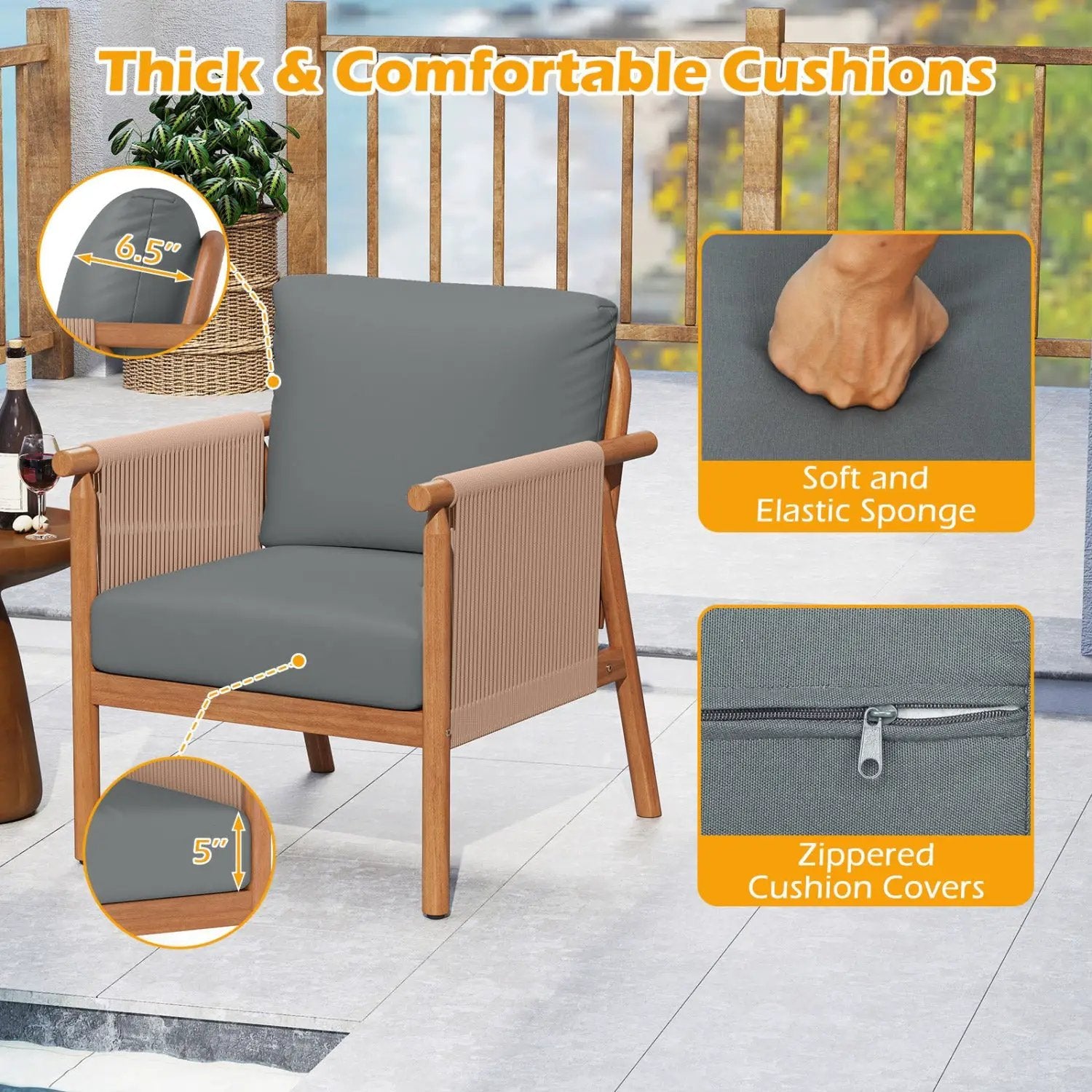 Patio Acacia Wood Chair Set of 4 with Woven Rope Armrests and Seat Back Cushions for Backyard by DirectDeals