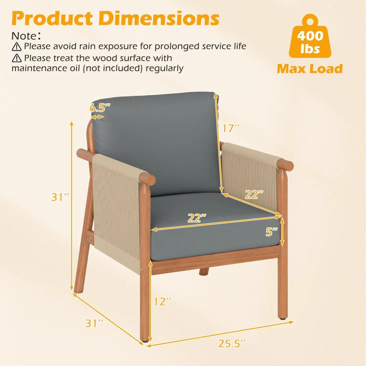 Patio Acacia Wood Chair with Woven Rope Armrests and Seat Back Cushions for Backyard, photo 11 of 16