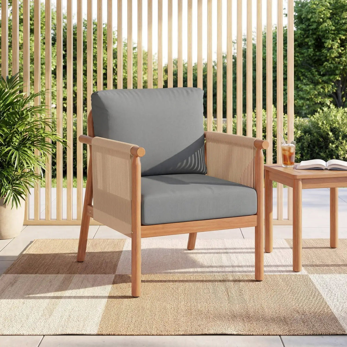 Patio Acacia Wood Chair with Woven Rope Armrests and Seat Back Cushions for Backyard, photo 10 of 16