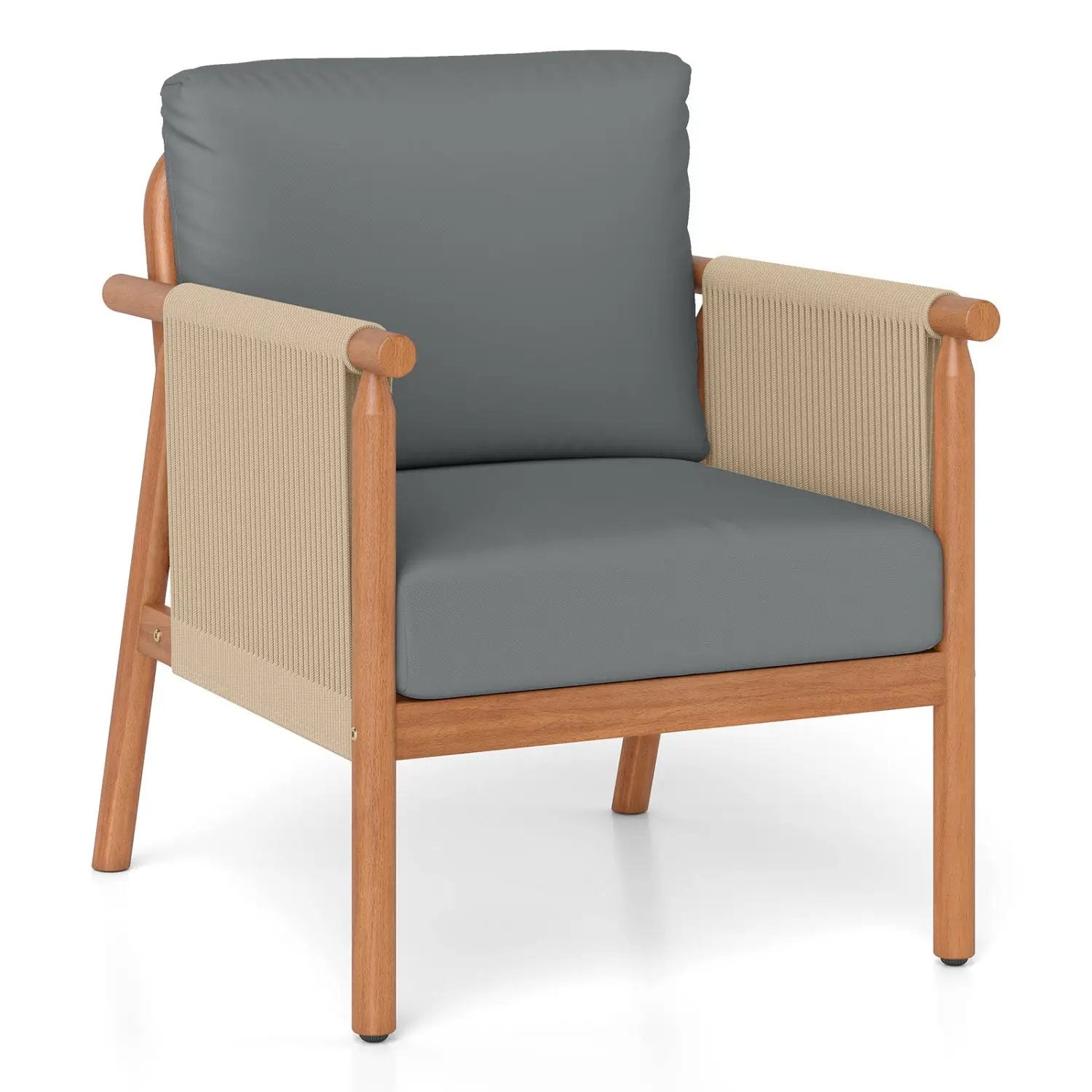 Patio Acacia Wood Chair with Woven Rope Armrests and Seat Back Cushions for Backyard by DirectDeals