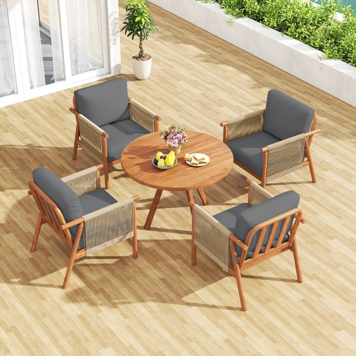 Patio Acacia Wood Chair with Woven Rope Armrests and Seat Back Cushions for Backyard, photo 12 of 16