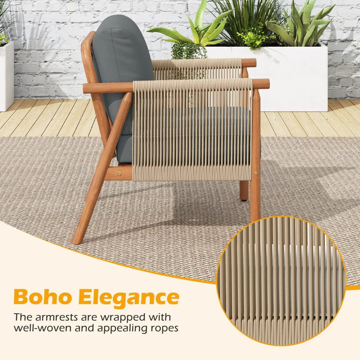 Patio Acacia Wood Chair with Woven Rope Armrests and Seat Back Cushions for Backyard, photo 13 of 16