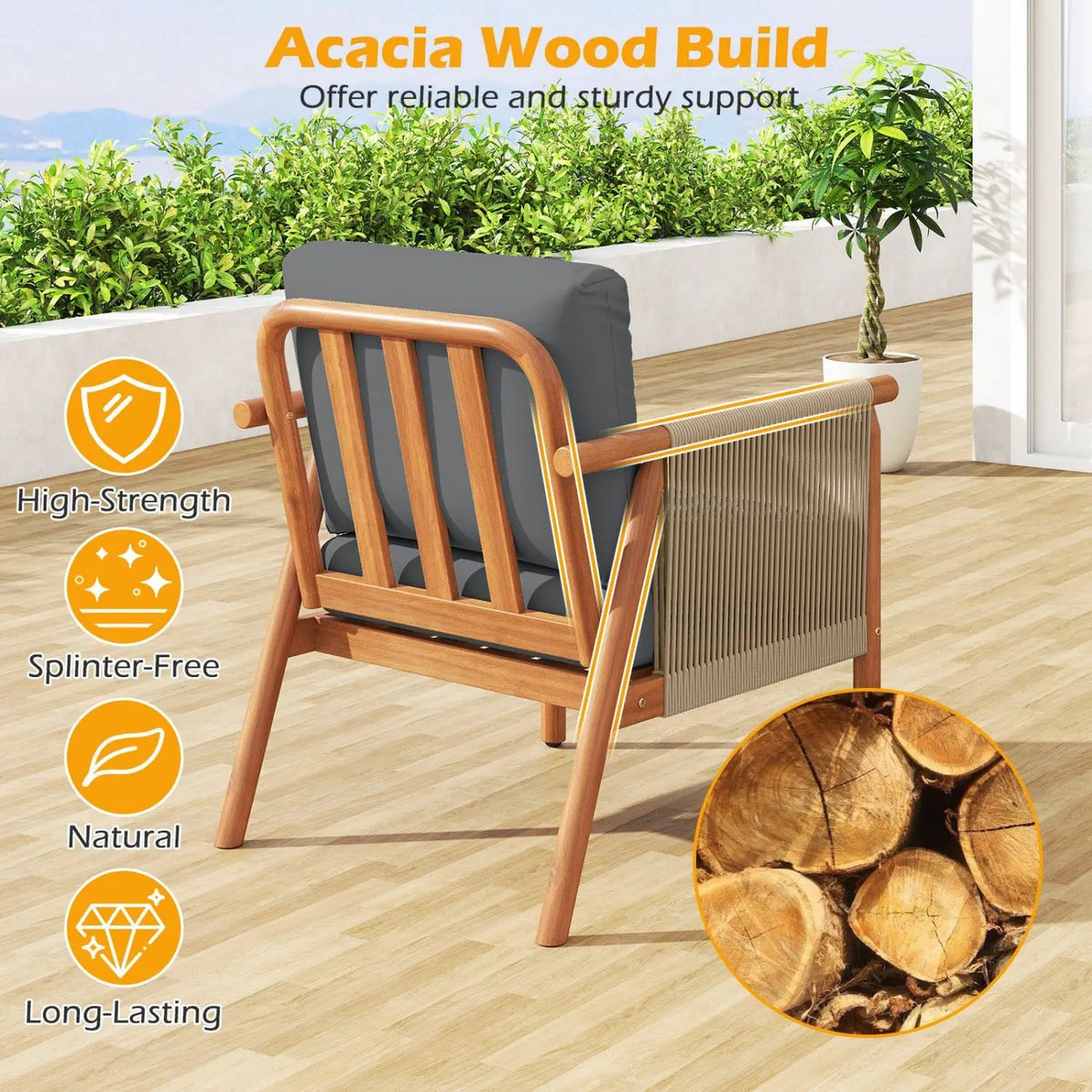 Patio Acacia Wood Chair with Woven Rope Armrests and Seat Back Cushions for Backyard, photo 14 of 16