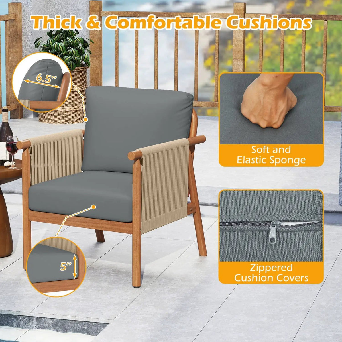 Patio Acacia Wood Chair with Woven Rope Armrests and Seat Back Cushions for Backyard, photo 15 of 16