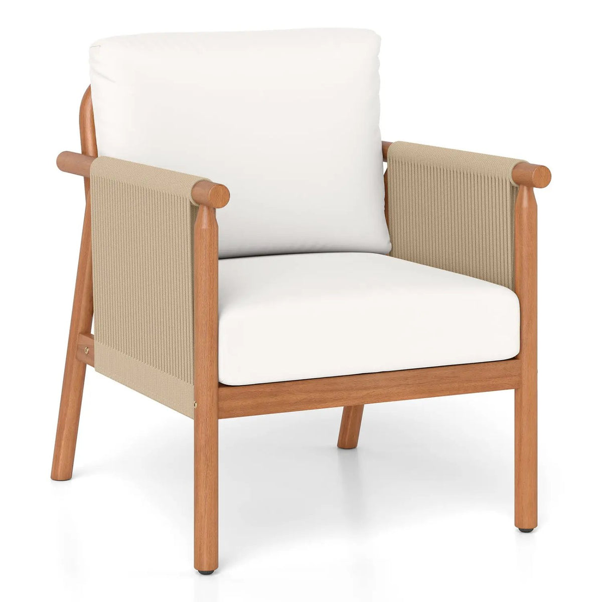 Patio Acacia Wood Chair with Woven Rope Armrests and Seat Back Cushions for Backyard