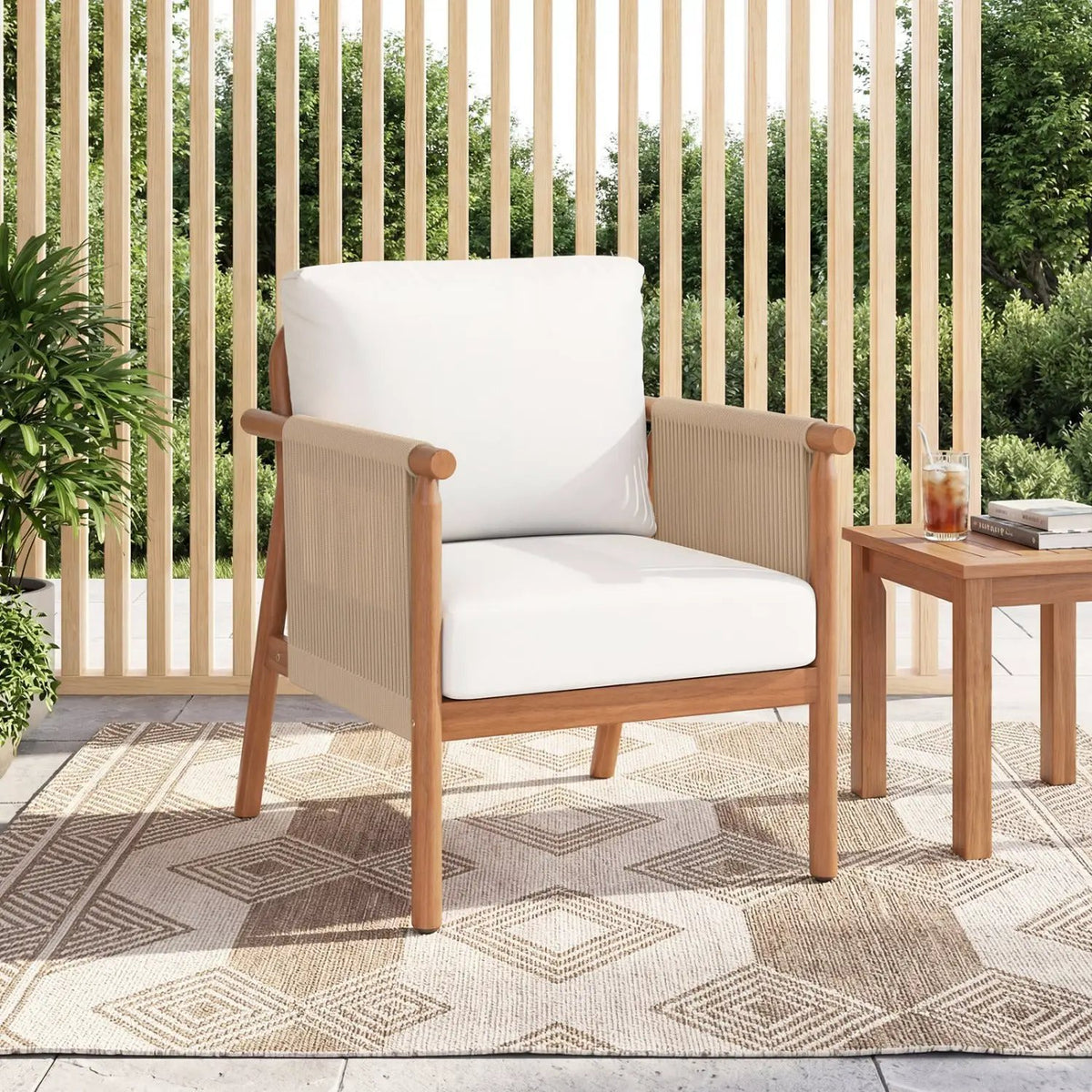 Patio Acacia Wood Chair with Woven Rope Armrests and Seat Back Cushions for Backyard, photo 3 of 16
