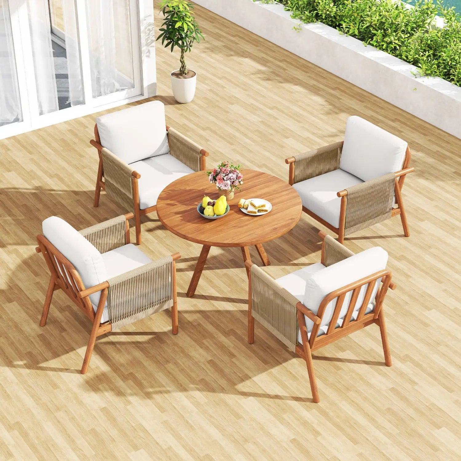 Patio Acacia Wood Chair with Woven Rope Armrests and Seat Back Cushions for Backyard by DirectDeals