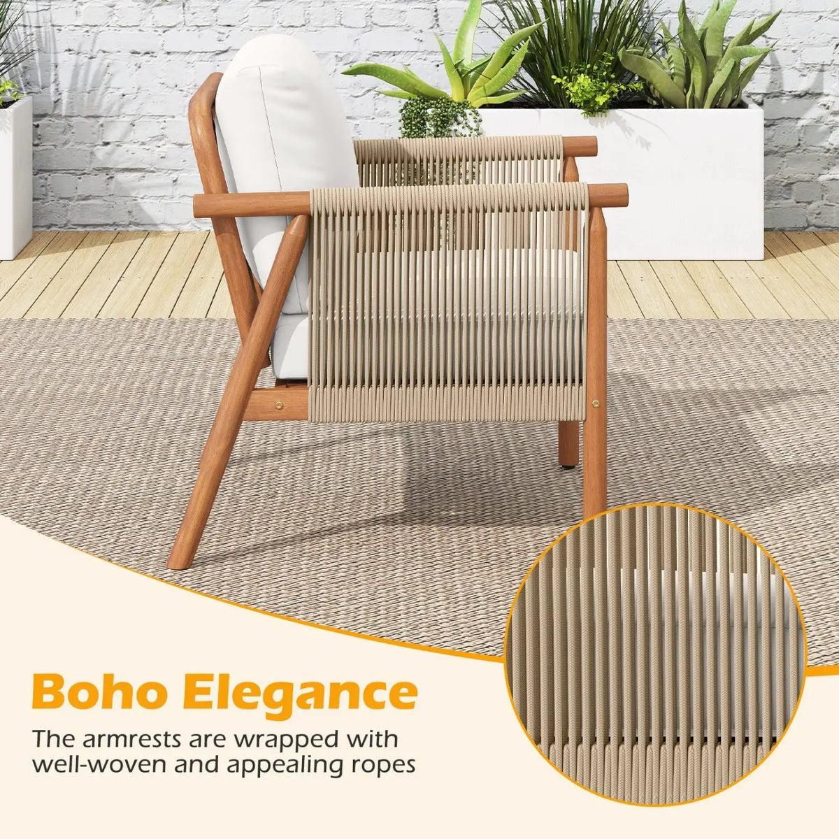 Patio Acacia Wood Chair with Woven Rope Armrests and Seat Back Cushions for Backyard, photo 6 of 16