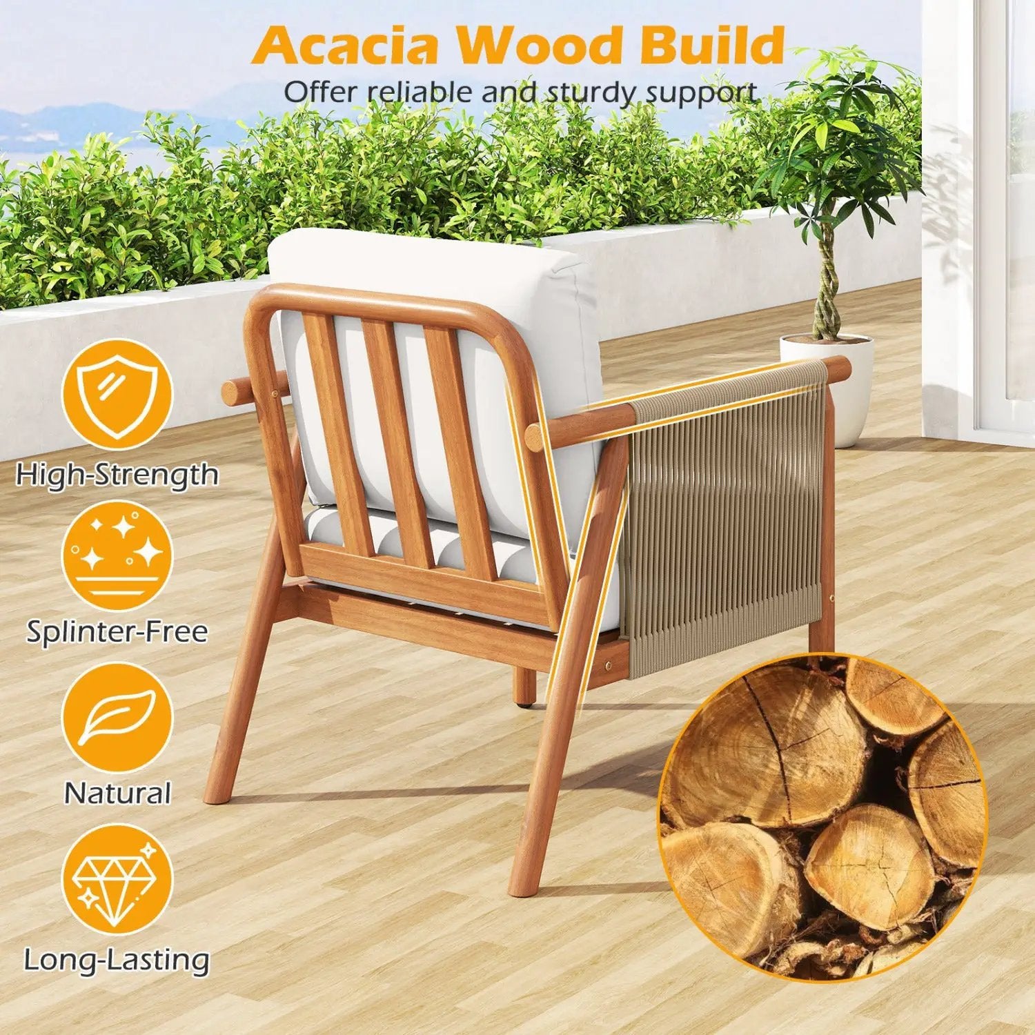 Patio Acacia Wood Chair with Woven Rope Armrests and Seat Back Cushions for Backyard by DirectDeals