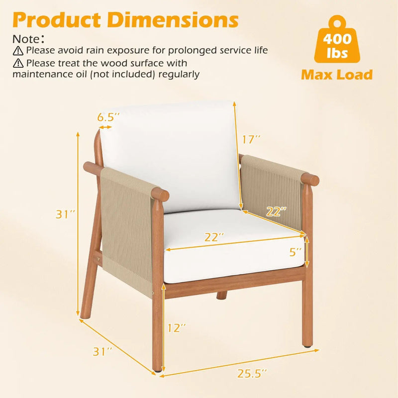 Patio Acacia Wood Chair with Woven Rope Armrests and Seat Back Cushions for Backyard by DirectDeals