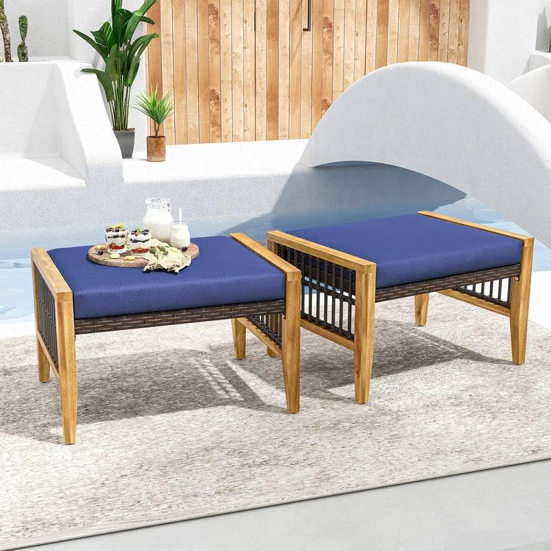 Patio Acacia Wood Ottomans with Cushions and Versatile Rattan Woven Footstools-Navy by DirectDeals