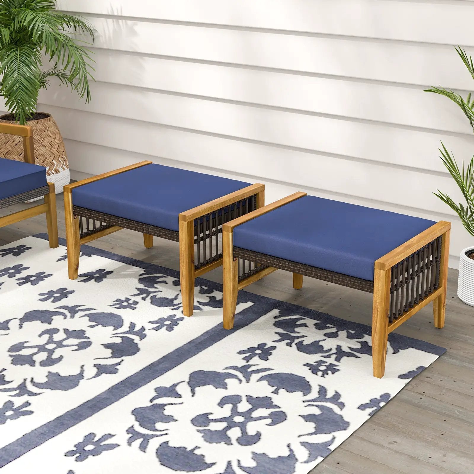 Patio Acacia Wood Ottomans with Cushions and Versatile Rattan Woven Footstools-Navy by DirectDeals