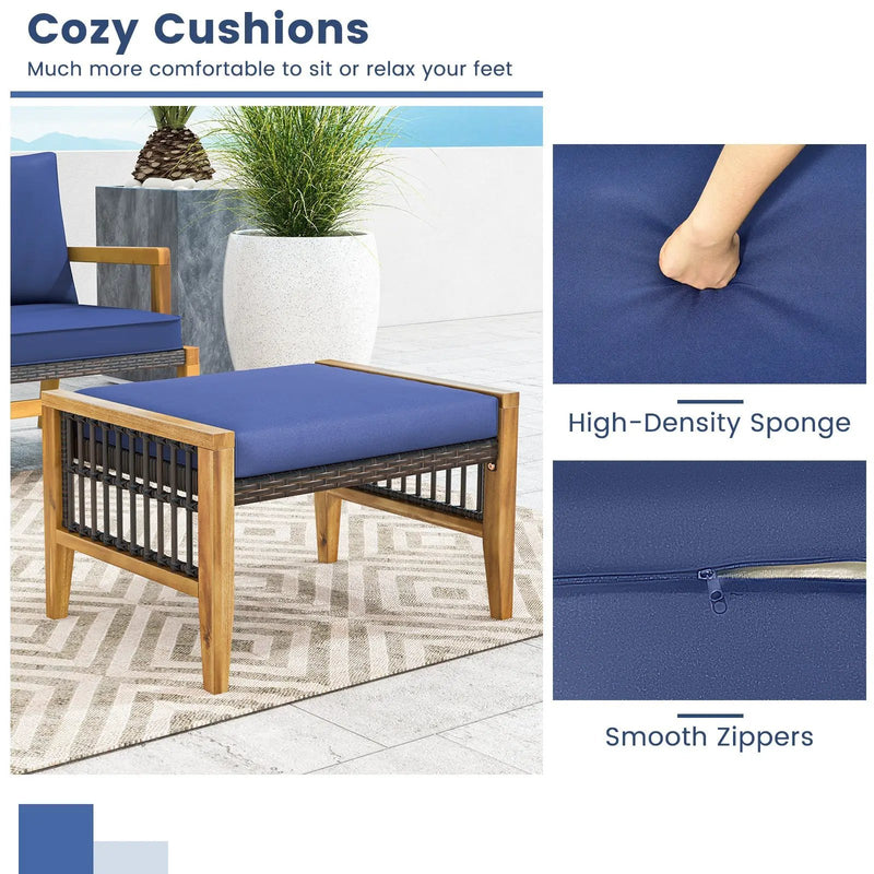 Patio Acacia Wood Ottomans with Cushions and Versatile Rattan Woven Footstools-Navy by DirectDeals