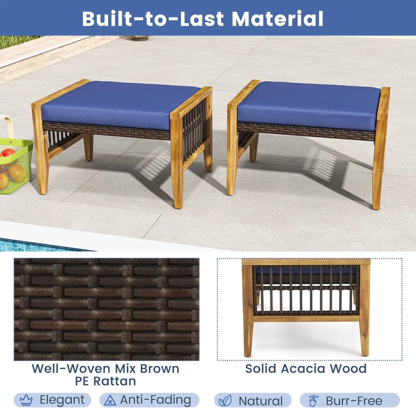 Patio Acacia Wood Ottomans with Cushions and Versatile Rattan Woven Footstools-Navy by DirectDeals