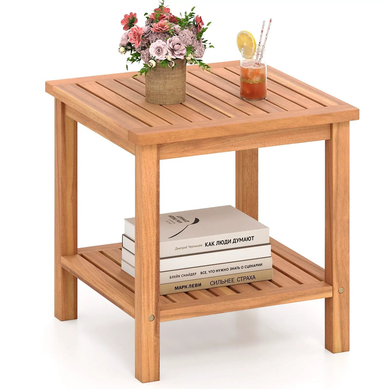 Patio Acacia Wood Side Table with Slatted Tabletop and Storage Shelf by DirectDeals