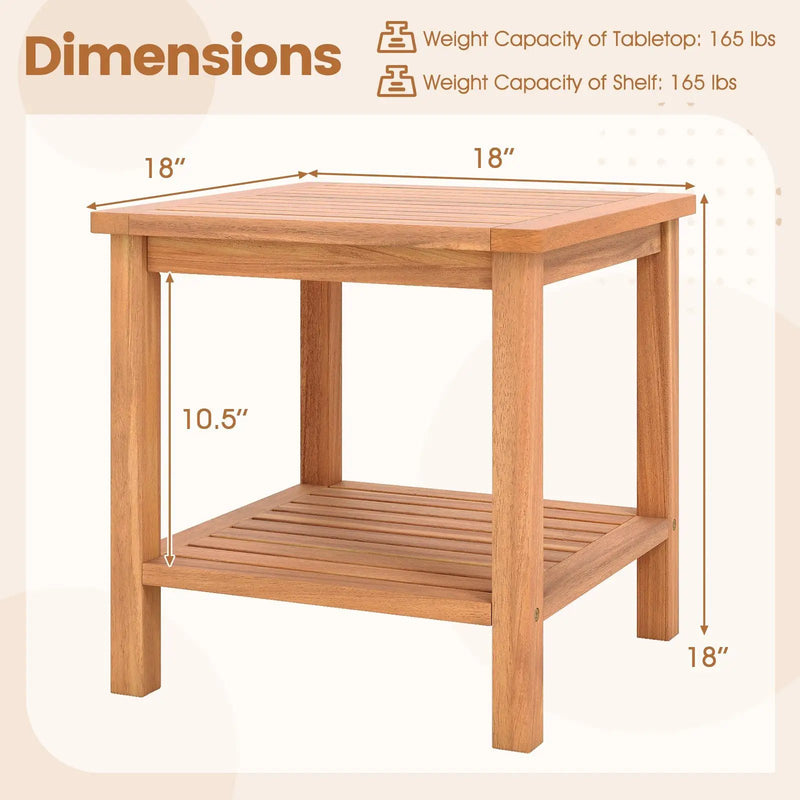 Patio Acacia Wood Side Table with Slatted Tabletop and Storage Shelf by DirectDeals