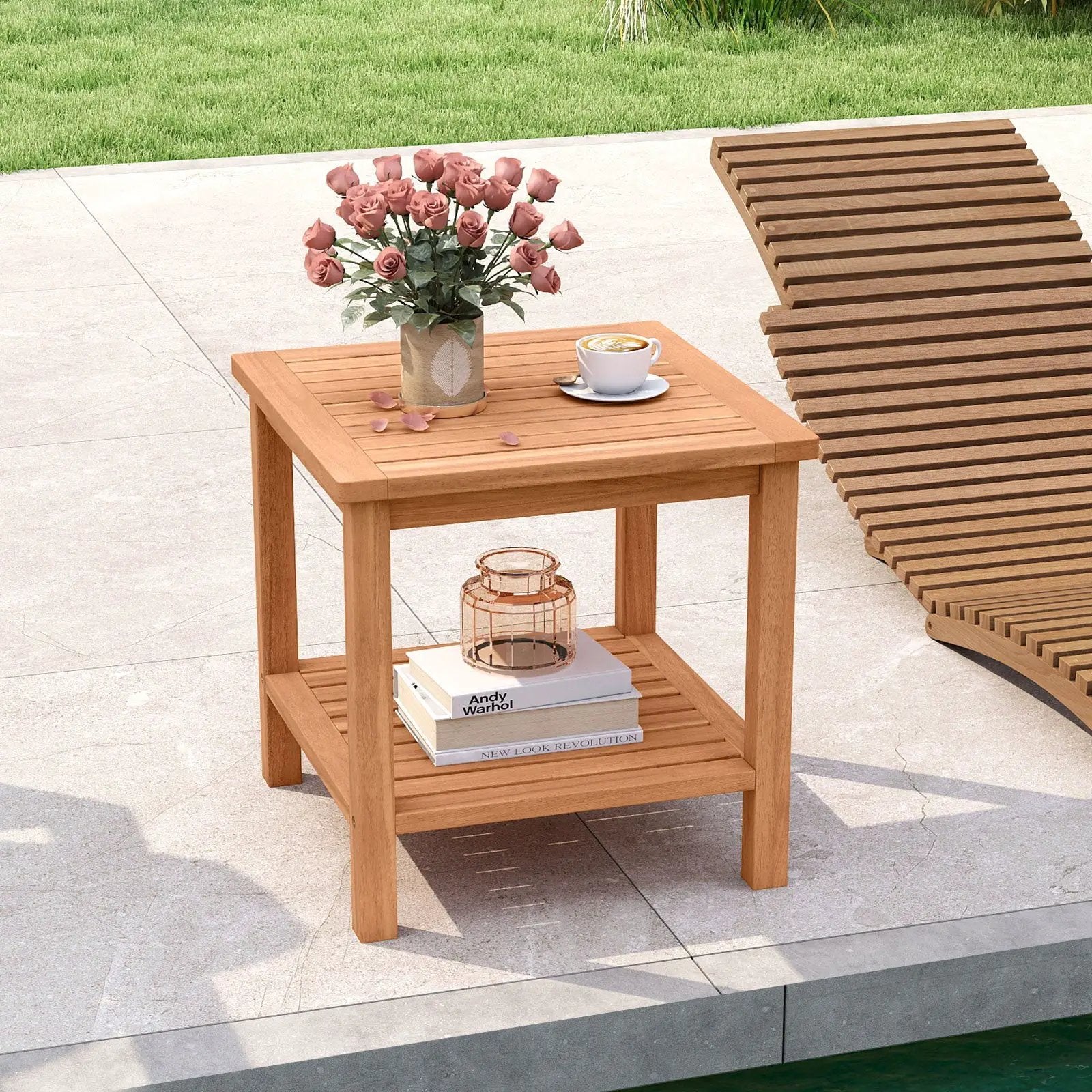 Patio Acacia Wood Side Table with Slatted Tabletop and Storage Shelf by DirectDeals