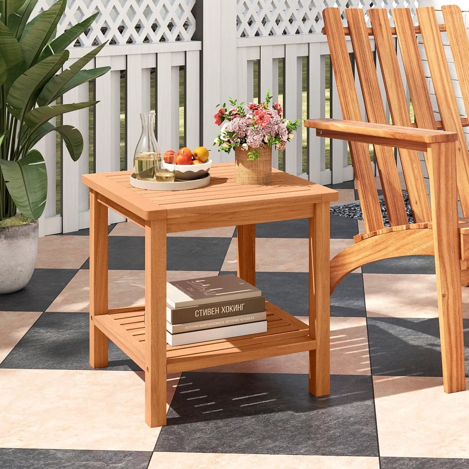 Patio Acacia Wood Side Table with Slatted Tabletop and Storage Shelf by DirectDeals