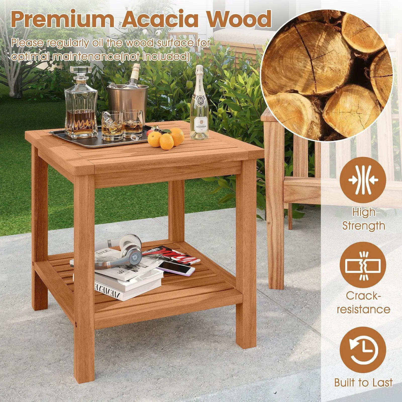 Patio Acacia Wood Side Table with Slatted Tabletop and Storage Shelf by DirectDeals