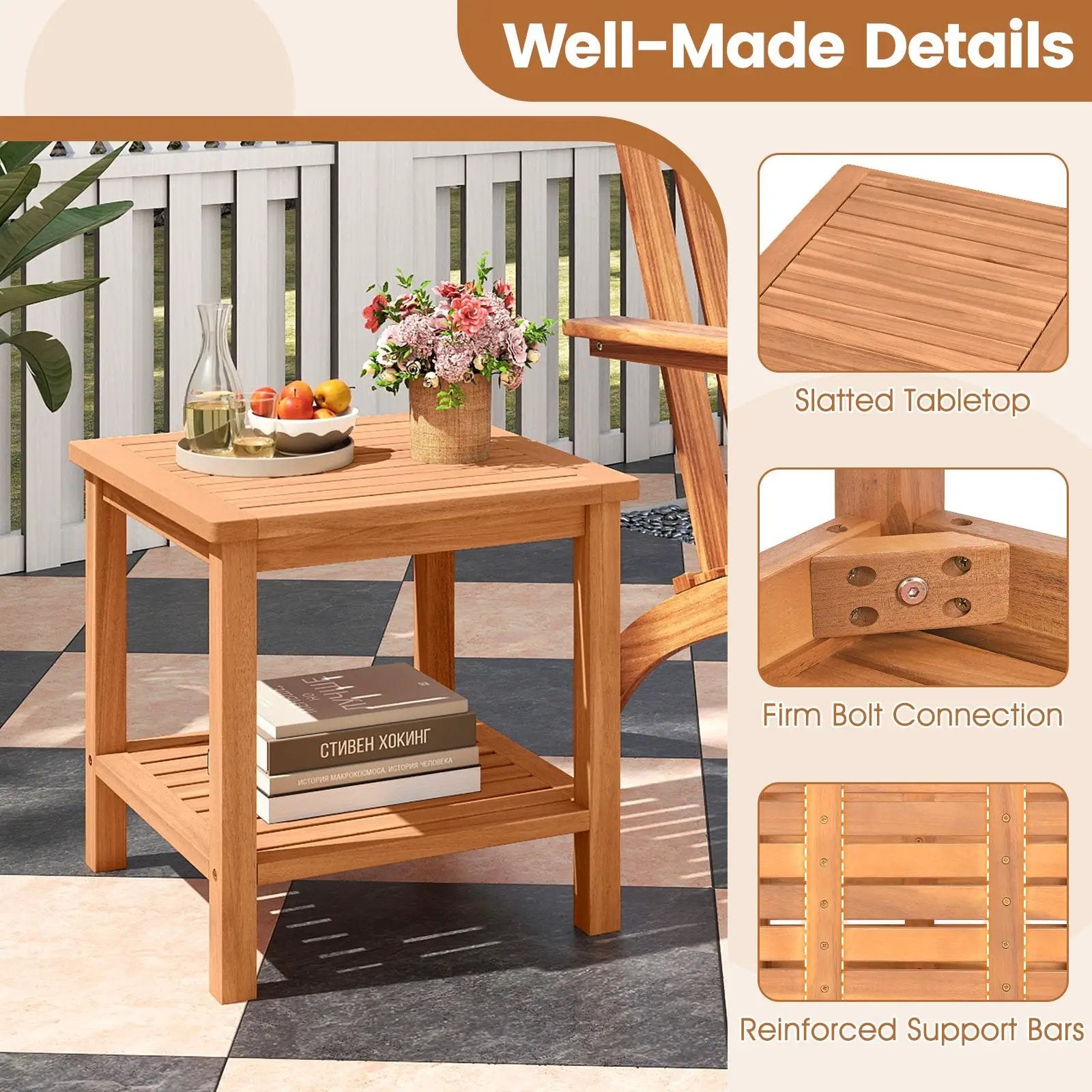 Patio Acacia Wood Side Table with Slatted Tabletop and Storage Shelf by DirectDeals