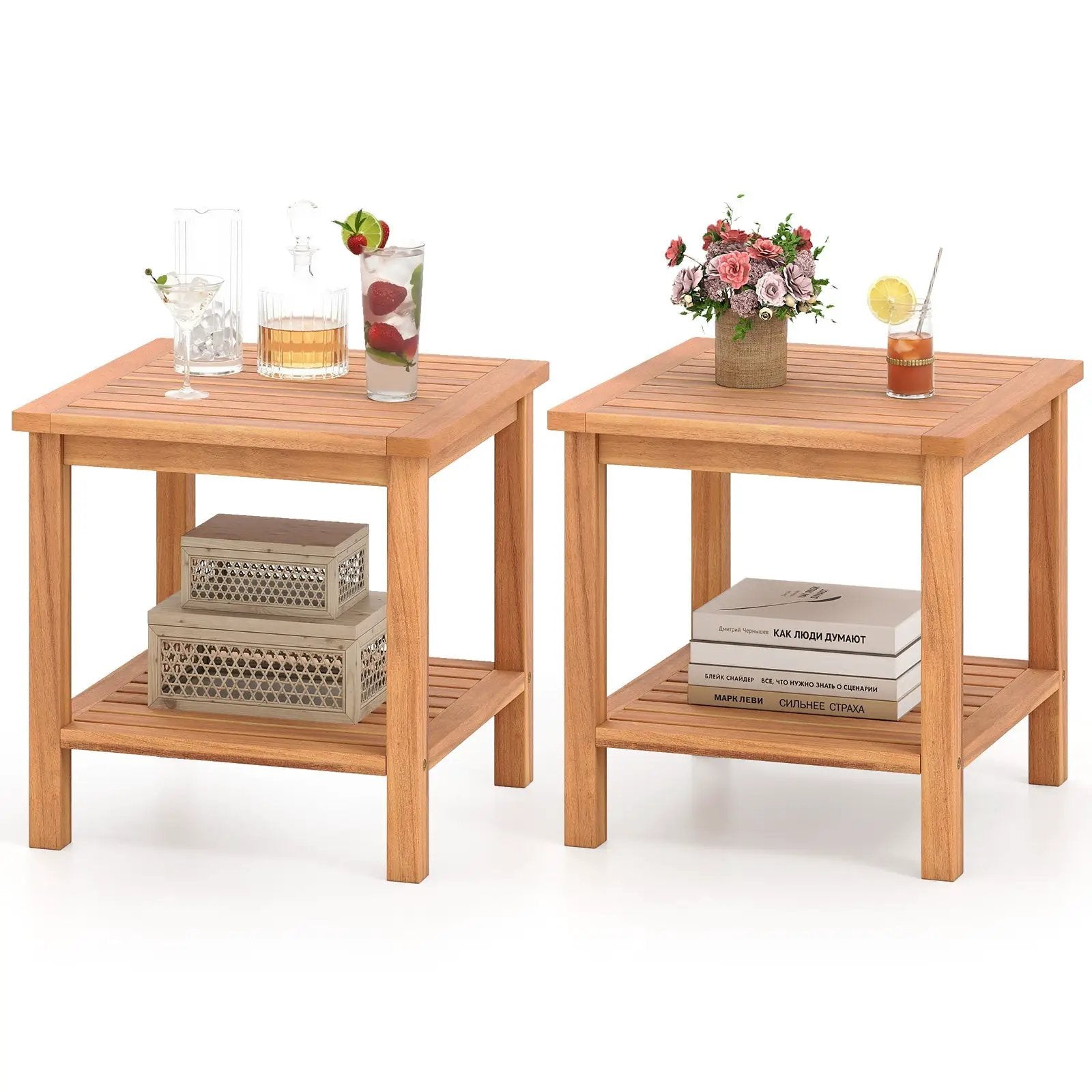 Patio Acacia Wood Side Table Set of 2 with Slatted Tabletop and Storage Shelf by DirectDeals